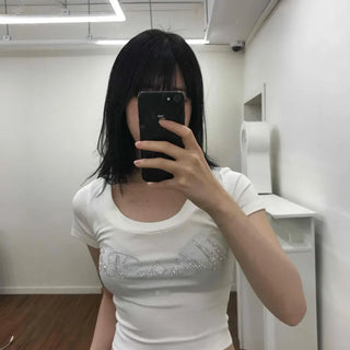 Deep U-Neck Cubic Lettering Stretchy Crop Top