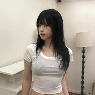 Deep U-Neck Cubic Lettering Stretchy Crop Top