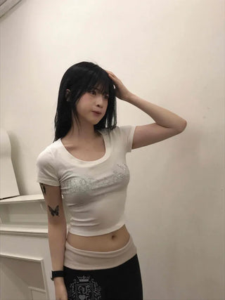 Deep U-Neck Cubic Lettering Stretchy Crop Top