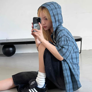 Check oversized short-sleeve hoodie