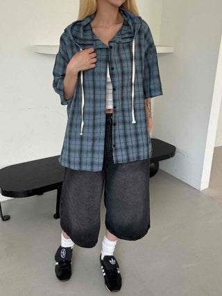Check oversized short-sleeve hoodie