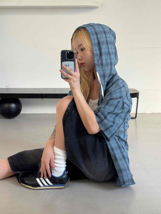 Check oversized short-sleeve hoodie