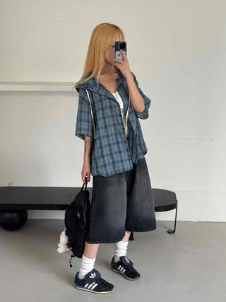 Check oversized short-sleeve hoodie