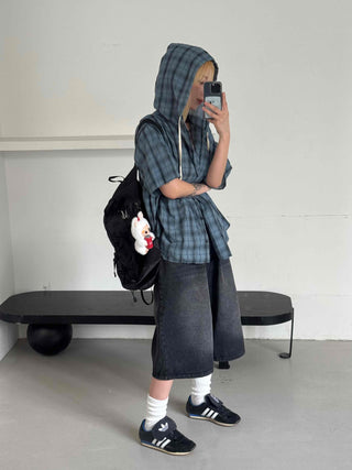 Check oversized short-sleeve hoodie