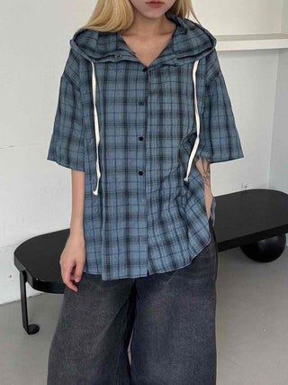Check oversized short-sleeve hoodie