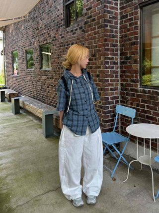 Check oversized short-sleeve hoodie