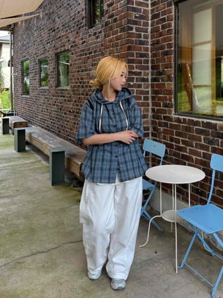 Check oversized short-sleeve hoodie