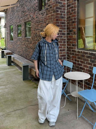 Check oversized short-sleeve hoodie
