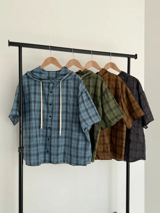 Check oversized short-sleeve hoodie