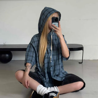 Check oversized short-sleeve hoodie