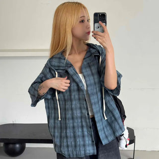 Check oversized short-sleeve hoodie