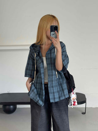 Check oversized short-sleeve hoodie