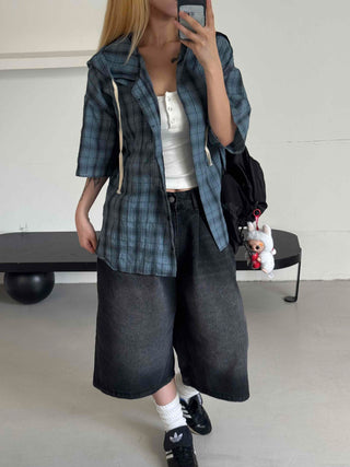 Check oversized short-sleeve hoodie
