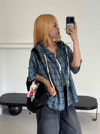 Check oversized short-sleeve hoodie
