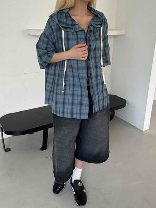Check oversized short-sleeve hoodie