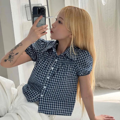 Vintage Puff Shirred Short Sleeve Check Blouse