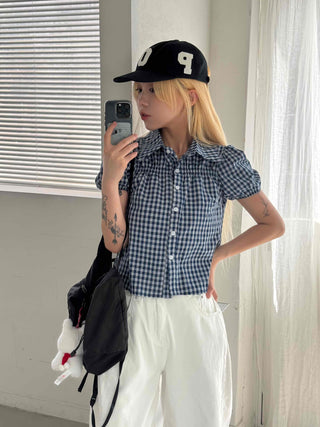 Vintage Puff Shirred Short Sleeve Check Blouse