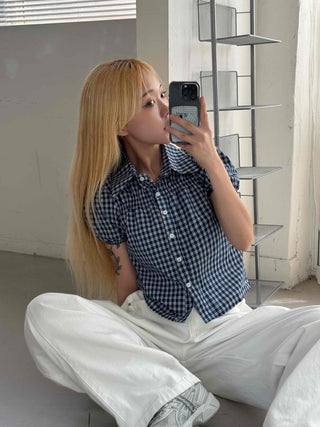 Vintage Puff Shirred Short Sleeve Check Blouse