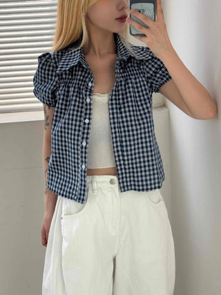Vintage Puff Shirred Short Sleeve Check Blouse