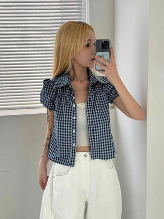 Vintage Puff Shirred Short Sleeve Check Blouse
