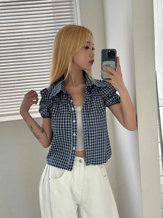 Vintage Puff Shirred Short Sleeve Check Blouse
