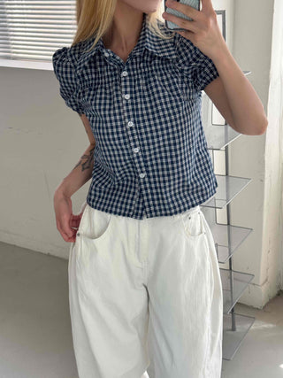 Vintage Puff Shirred Short Sleeve Check Blouse