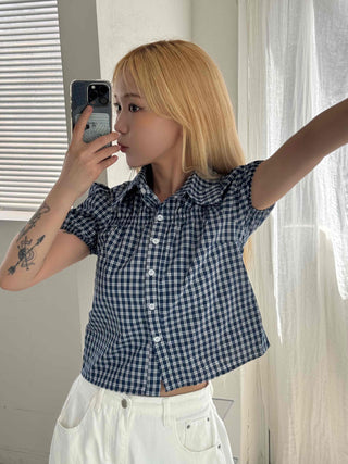 Vintage Puff Shirred Short Sleeve Check Blouse