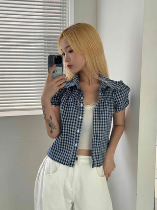 Vintage Puff Shirred Short Sleeve Check Blouse