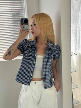Vintage Puff Shirred Short Sleeve Check Blouse