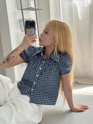 Vintage Puff Shirred Short Sleeve Check Blouse