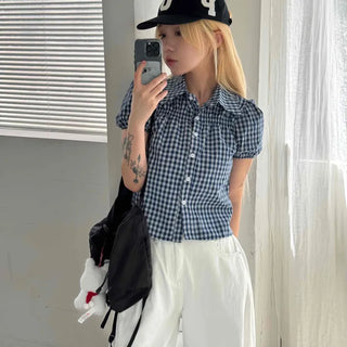 Vintage Puff Shirred Short Sleeve Check Blouse