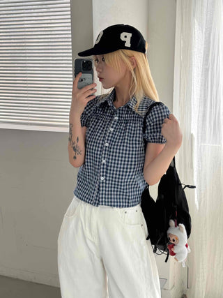 Vintage Puff Shirred Short Sleeve Check Blouse