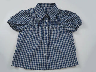 Vintage Puff Shirred Short Sleeve Check Blouse