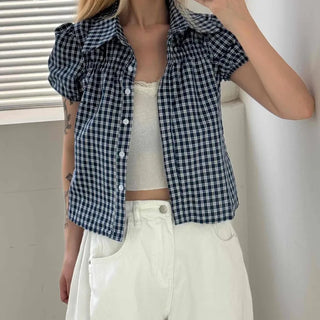 Vintage Puff Shirred Short Sleeve Check Blouse
