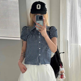 Vintage Puff Shirred Short Sleeve Check Blouse