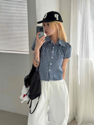 Vintage Puff Shirred Short Sleeve Check Blouse
