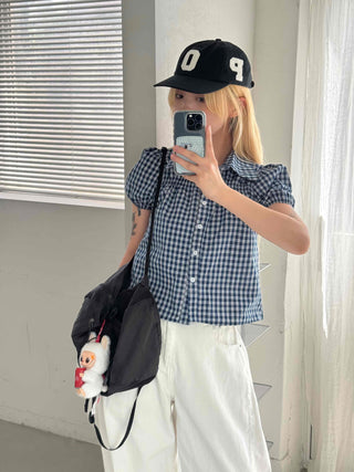Vintage Puff Shirred Short Sleeve Check Blouse