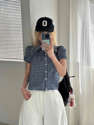 Vintage Puff Shirred Short Sleeve Check Blouse