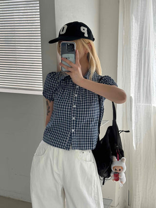 Vintage Puff Shirred Short Sleeve Check Blouse