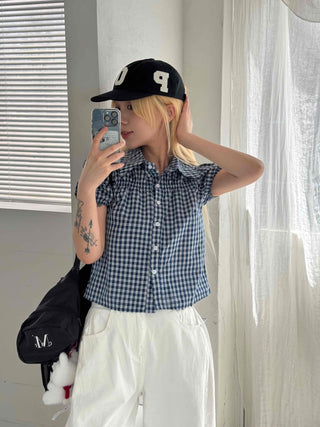 Vintage Puff Shirred Short Sleeve Check Blouse