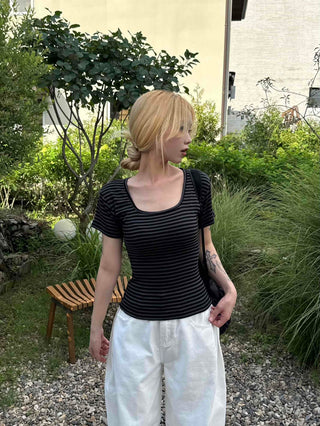 Striped square neck short-sleeve tee