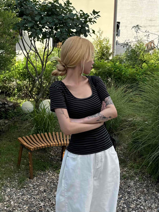 Striped square neck short-sleeve tee