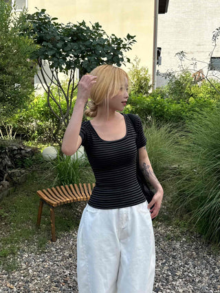 Striped square neck short-sleeve tee