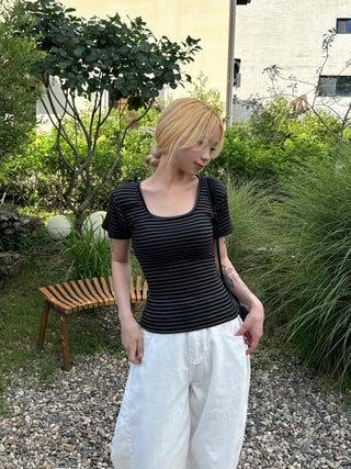 Striped square neck short-sleeve tee