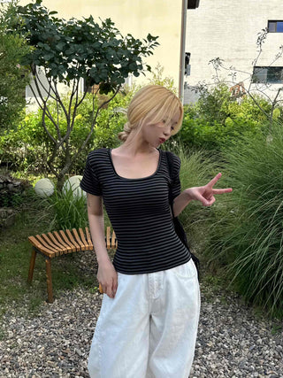 Striped square neck short-sleeve tee