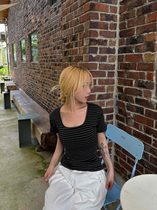 Striped square neck short-sleeve tee