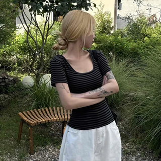Striped square neck short-sleeve tee