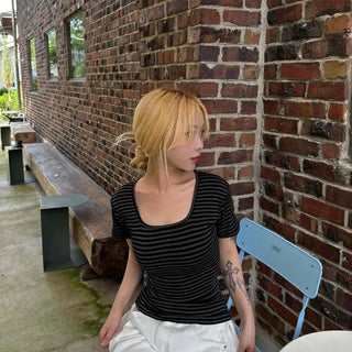 Striped square neck short-sleeve tee