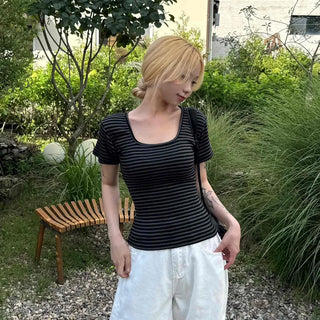 Striped square neck short-sleeve tee