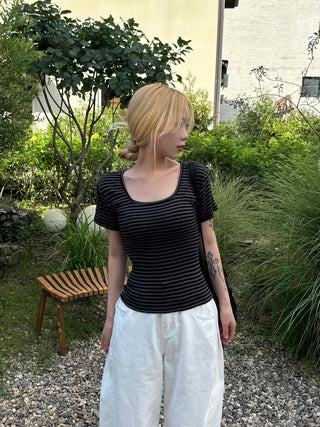 Striped square neck short-sleeve tee